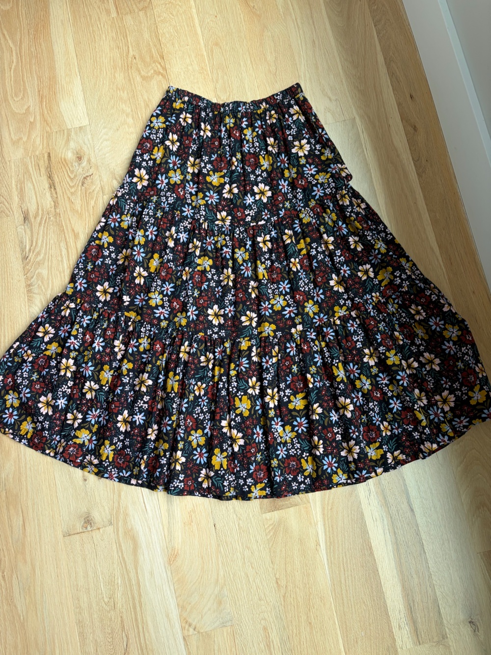 Lilla P Black Floral Tiered Maxi Skirt with Mustard & Pink Blooms